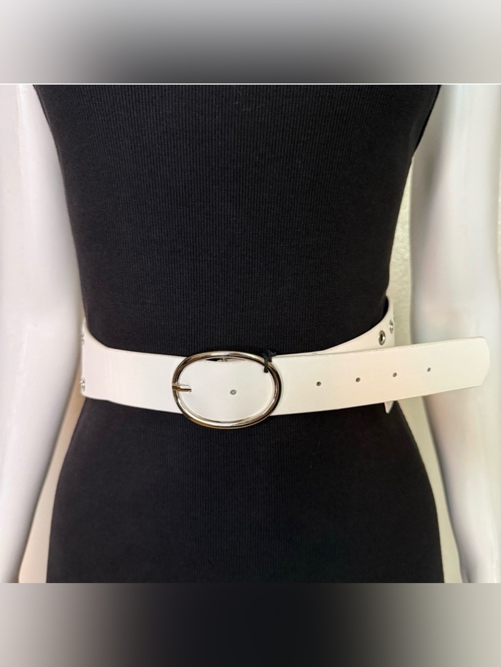 White PU leather double grommet silver tone buckle wide belt